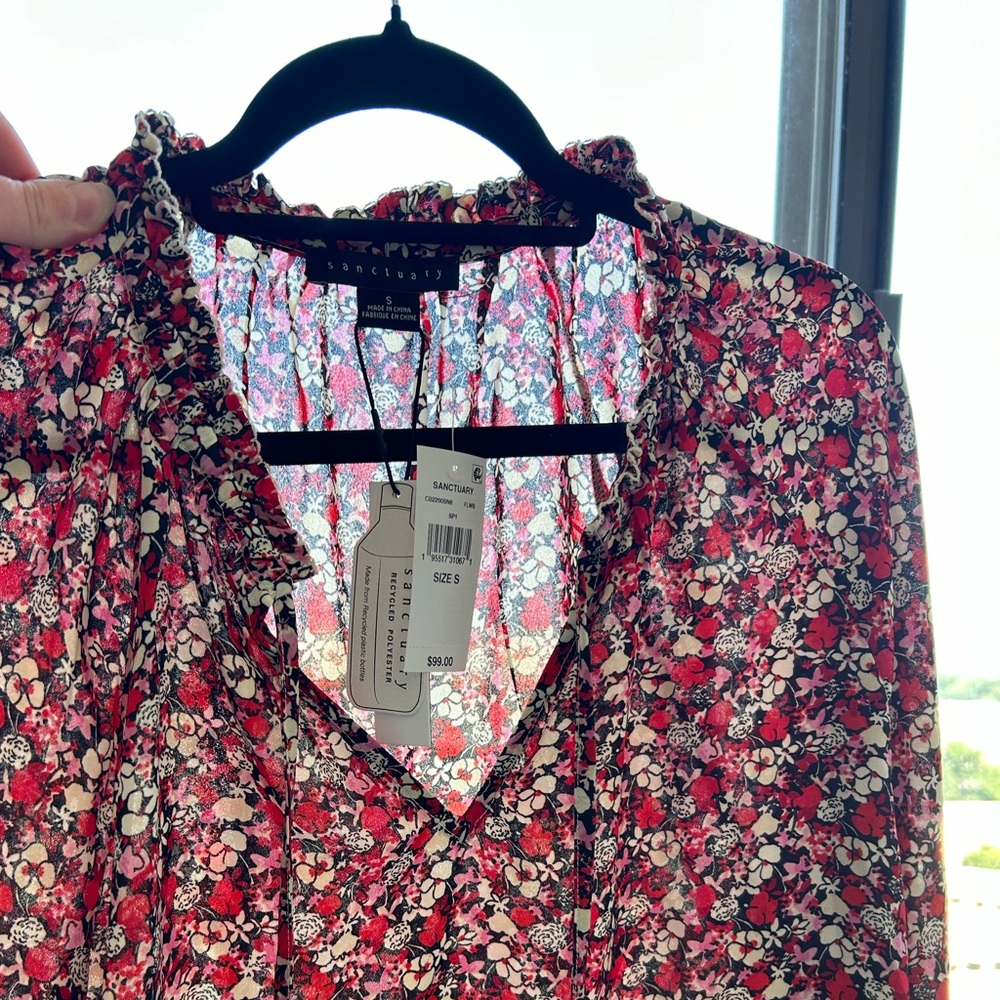 Sanctuary Red Patterned Ruffled-Collar Smocked Blouse - NWT